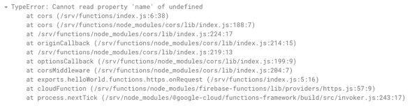 Image of Cloud Functions log from the Firebase console with the actual TypeError