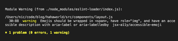 Warning about using emojis in a11y friendly way from the Gatsby CLI