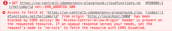 Image of a CORS error in the browser's JavaScript console, much like the original CORS error we saw above